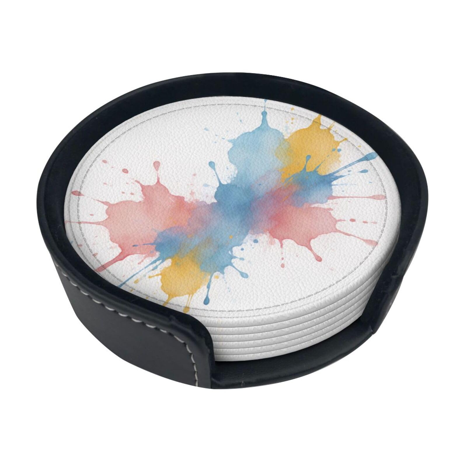 Color Splash Dot Leather Coasters-Set of 6 with Storage Holder
