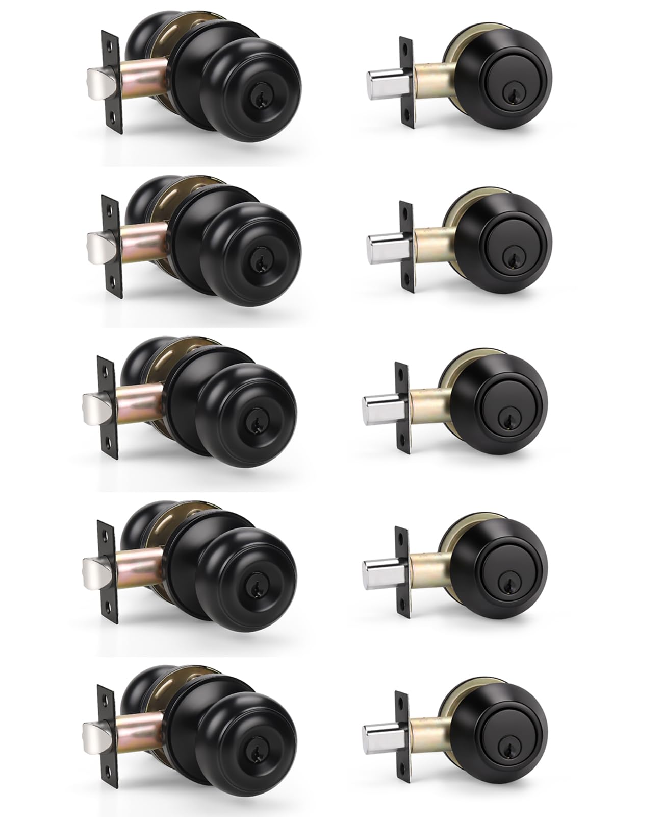 KNOBWELL Juego de 5 pomos de puerta de entrada y cerrojo de un solo cilindro en negro mate, juego de cerradura de puerta exterior con cerradura de seguridad para entrada y puerta delantera