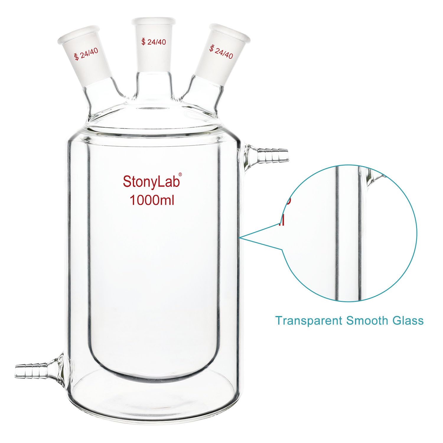 stonylab Matraz de Reacción con Chaqueta, Fondo Plano, Vaso de Reacción de Doble Capa con Tres Juntas Estándar de 24/40, 1000 ml