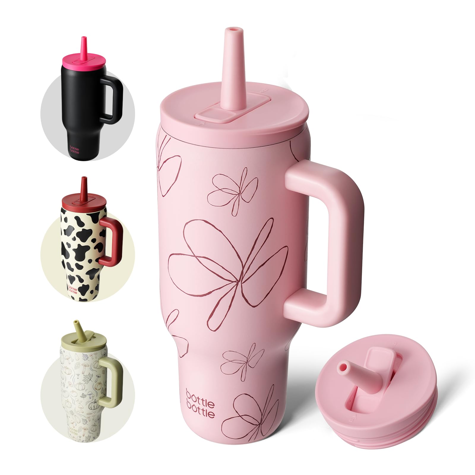 BOTTLE BOTTLE 30 oz Tumbler with Lid and Straw, Stainless Steel Travel Mug, Tumbler with handle, Water Bottle with straw for College, Gifts for Women Office Ice Coffee (Pink Flower)
