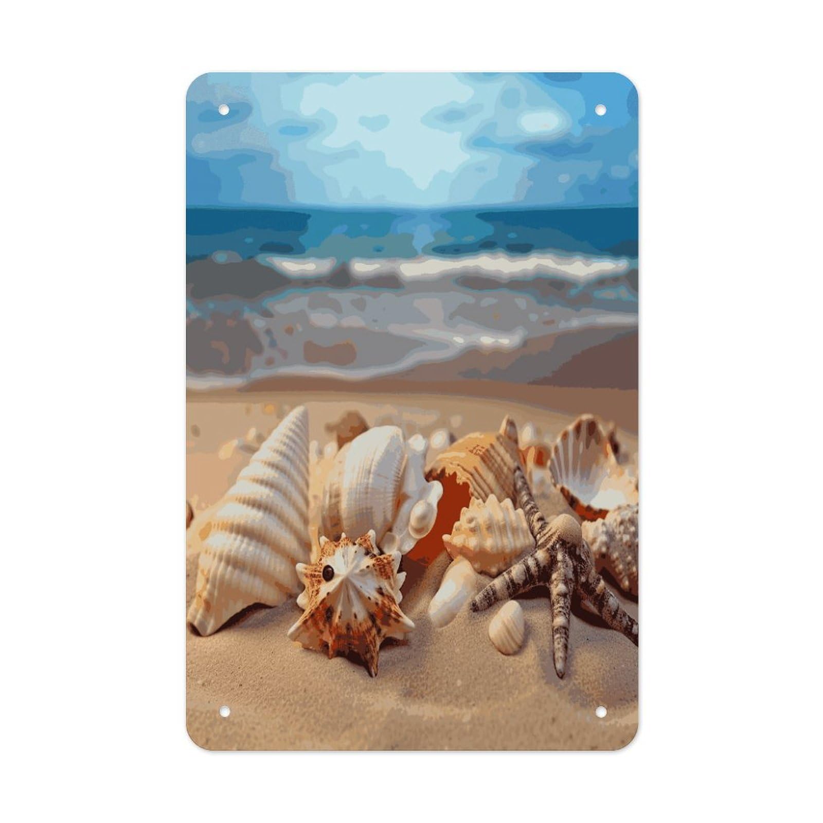 LDGSUPH Seashells on The Sandy Beach Wall Art Prints Folded Edge Iron Sheet Painting with Holes for Wall Prints Decorative Picture Metal Signboard Decor Painting for Outdoor Indoor Wall Decor