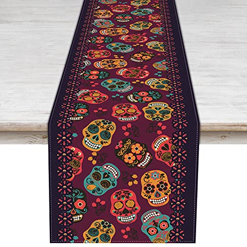 Rainlemon Tischläufer aus Leinen mit Totenschädel-Motiv, mexikanischer Halloween-Tag der Toten, Dia De Los Muertos, Küche, Esszimmer, Dekoration Cover