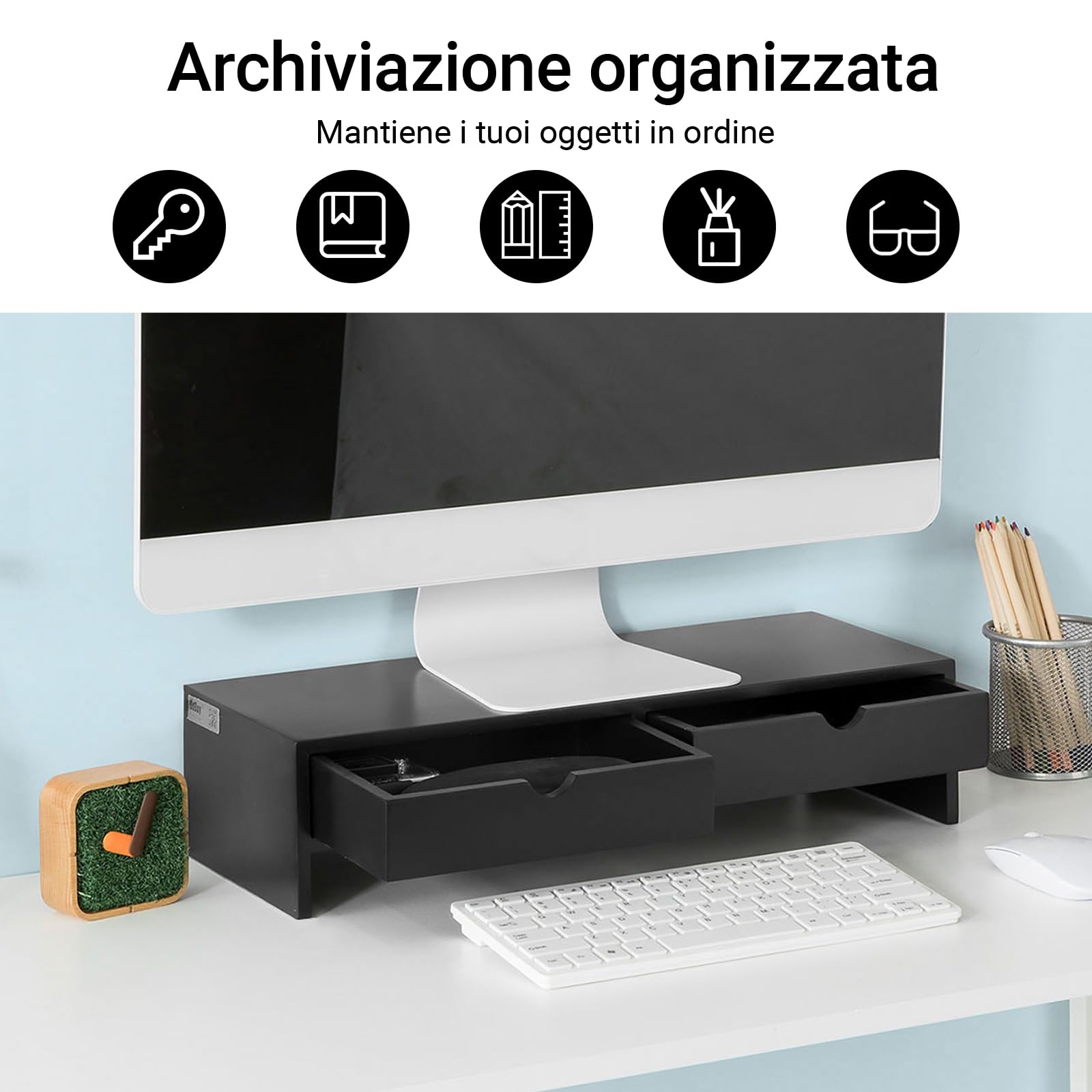 SoBuy Supporto Monitor Scrivania con 2 Cassetti Rialzo Monitor da Scrivania Supporto PC Laptop Stand per Ufficio o Casa Altezza 11cm Nero 47x18x11cm BBF02-SCH