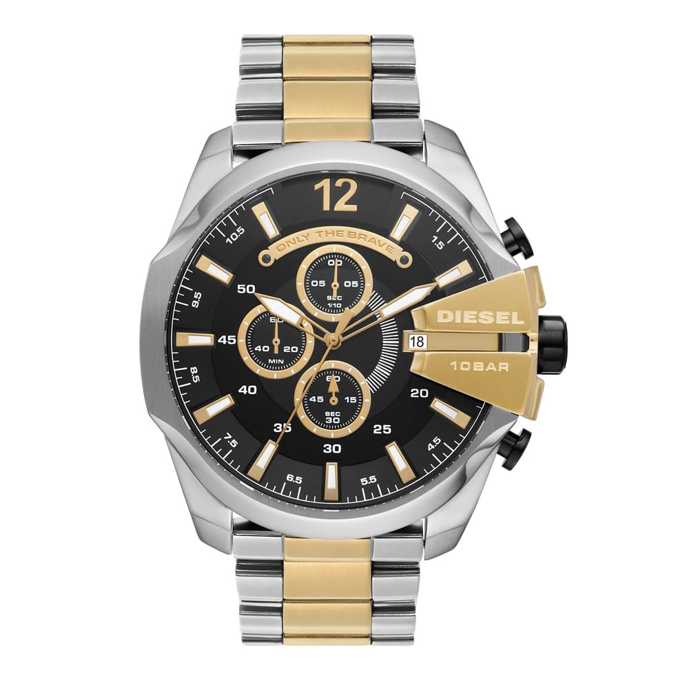 Diesel Hombre Mega Chief Bicolor Acero Inoxidable Reloj y Dorado Pendientes, Set