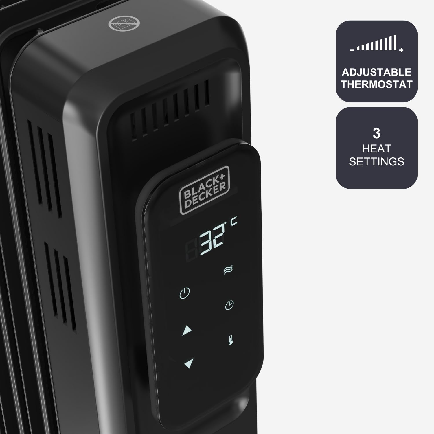 BLACK+DECKER - Radiador de Aceite 2000W | Calefactor Eléctrico | 9 Elementos | 3 Intensidades | Regulable | Temporizador 24h | Ultra Silencioso | Protección Sobrecalentamiento | Display Digital