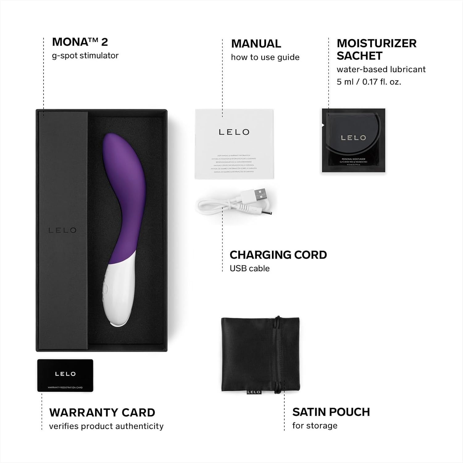 Contents of the LELO Mona 2 package, including the G-spot stimulator, manual, moisturizer sachet, USB charging cable, warranty card, and satin pouch.