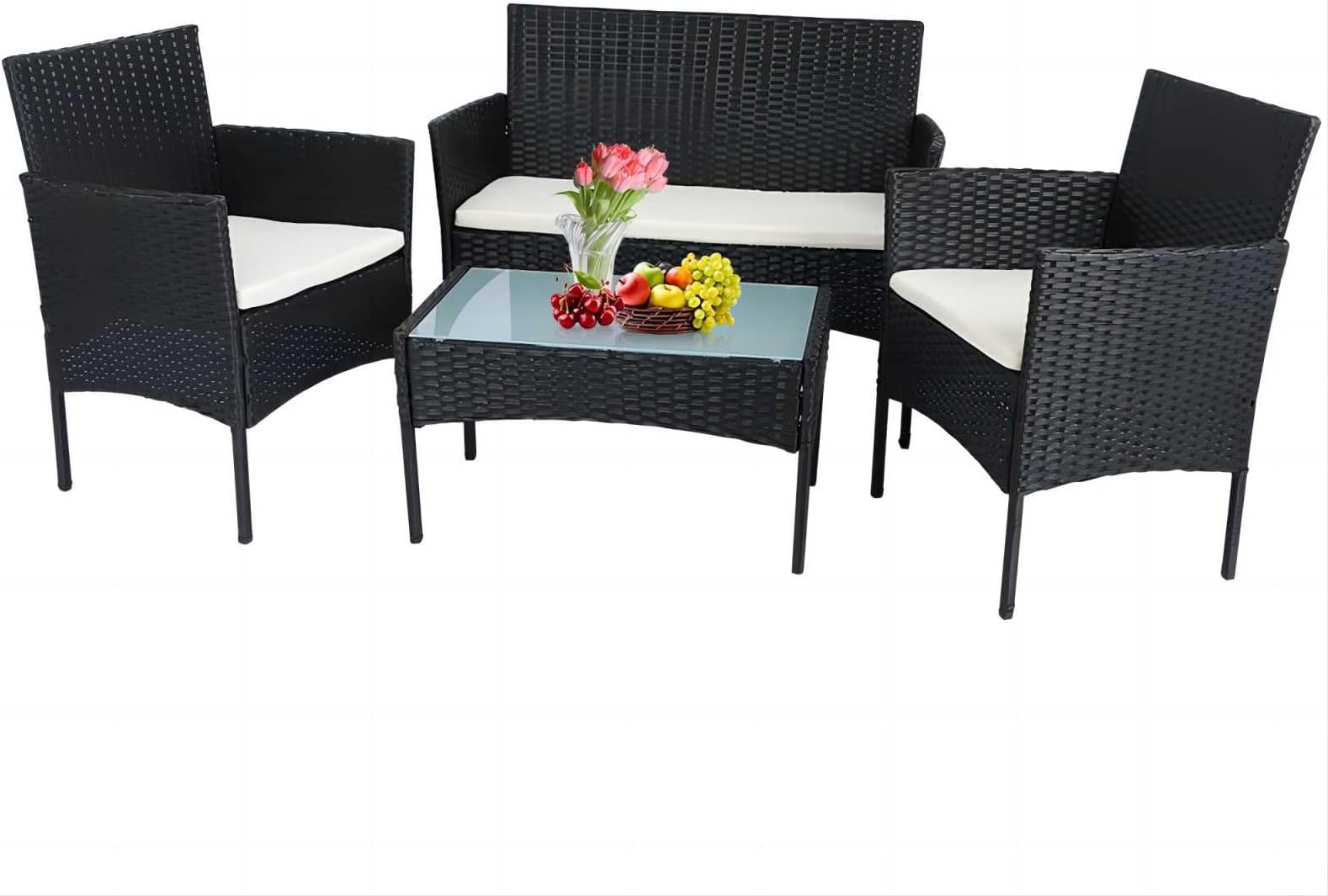 Panana Rattan Garden Furniture 4 Piece Set Table Chair Sofa with Cushions Patio Balcony Outdoor Conservatory Indoor (Black Wicker with Beige Cushions)