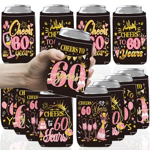 Koazava 12 Pcs 60th Birthady Party Can Cooler Sleeve, Cheers to 60 Years Party Decorations for Men Women, Pink Gold Neoprene Can Sleeve 1976 Birthday Decorations for Parents Him Her