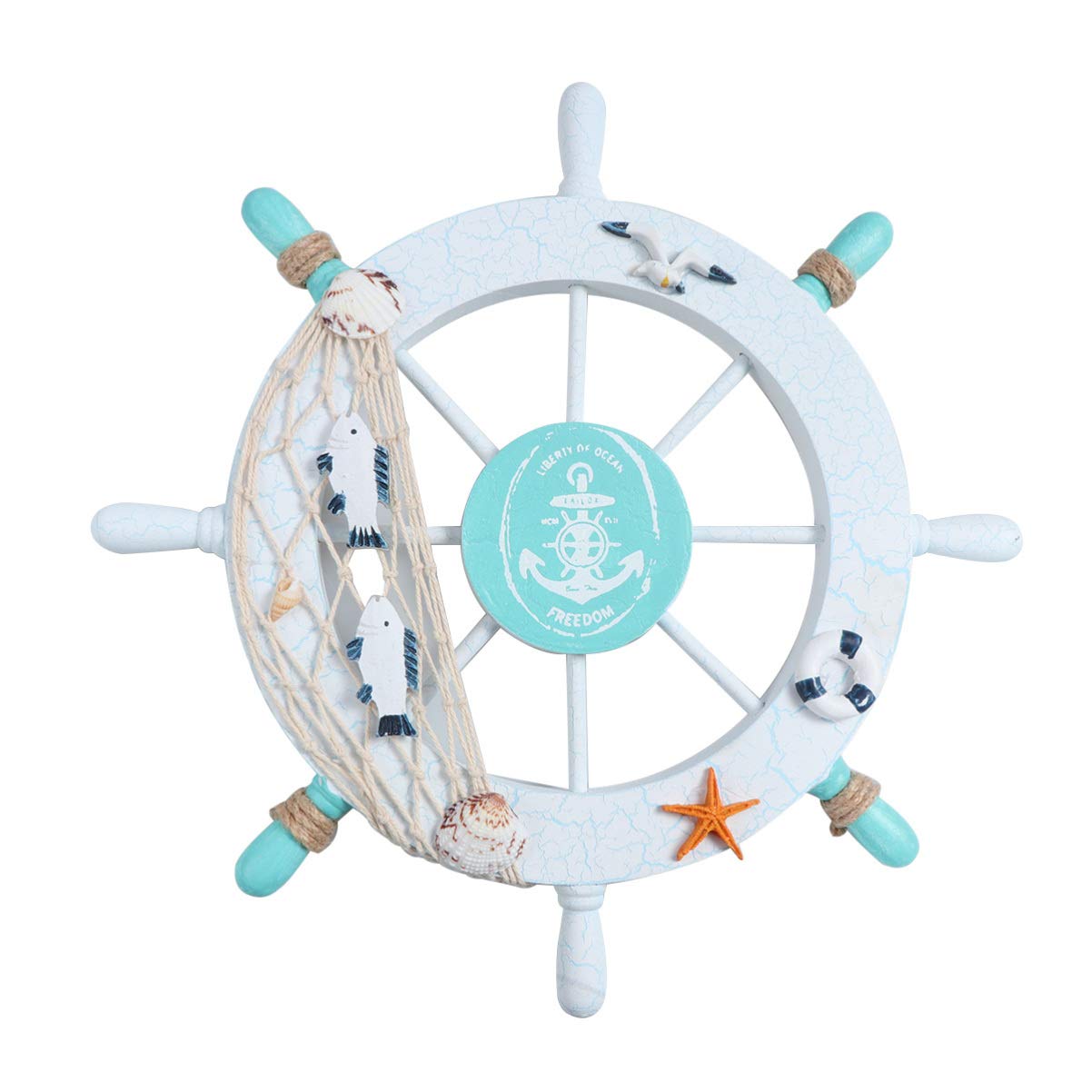 Zerodeko Nautical Beach Wooden Boat Ship Steering Wheel 28cm Wooden Decor Light Spokes Fish Shell Wall Decor for Sailing Lovers