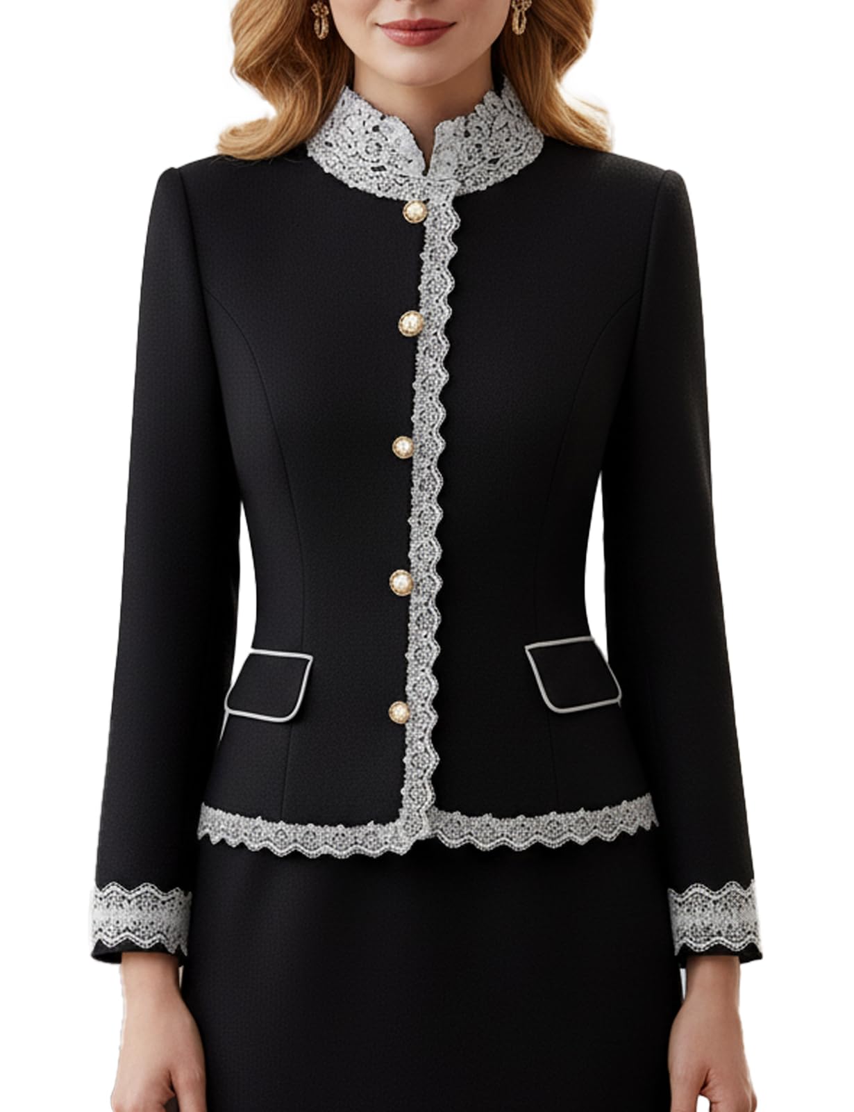 Womens Black Blazer with Pearl Buttons and Lace Trim Elegant Textured Suit Jacket for Formal or Business Wear