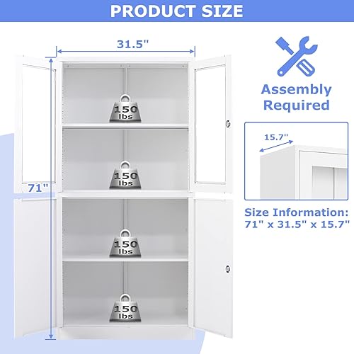 Miniatura 28 de Vitrina con cerradura con puerta de cristal, gabinetes Curio de metal de 71 pulgadas de alto con estantes ajustables, vitrina de licor blanco para