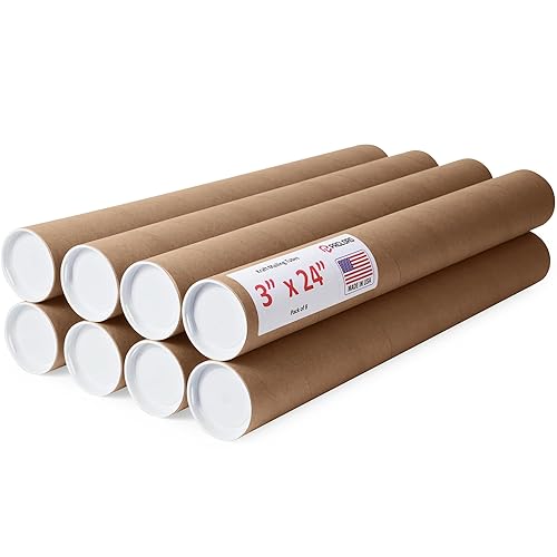 Tubos de correo de papel kraft reforzado de 3 x 24 pulgadas, paquete de 8 tubos con 2 tapas cada uno, tubo de cartón fabricado en Estados Unidos
