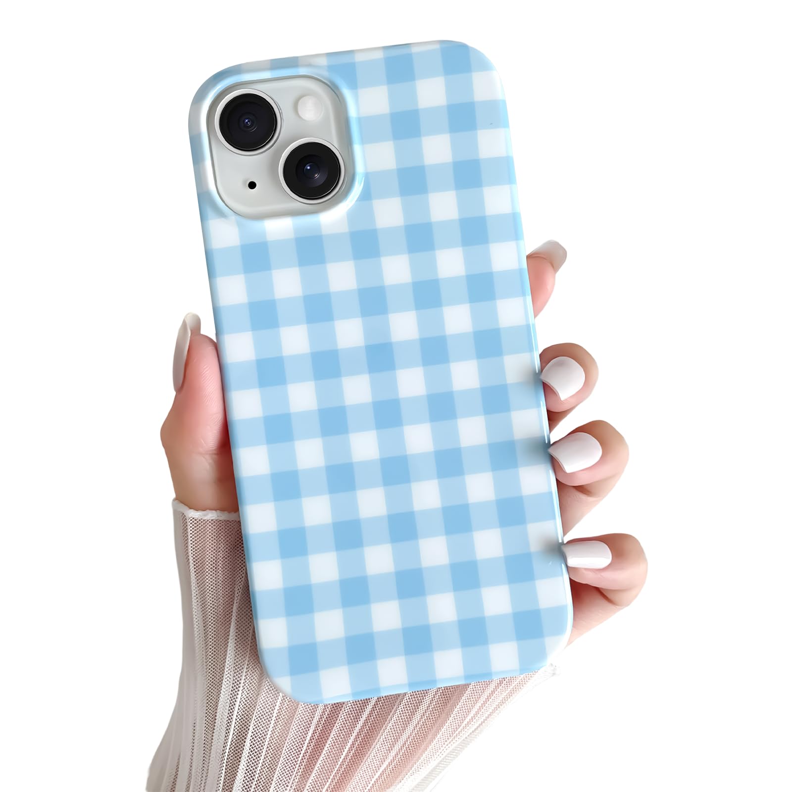 Skyseaco for iPhone 15 Case Cute Aesthetic Gingham Phone Case Soft Slim TPU Shockproof Phone Cover for Women Girls - Blue