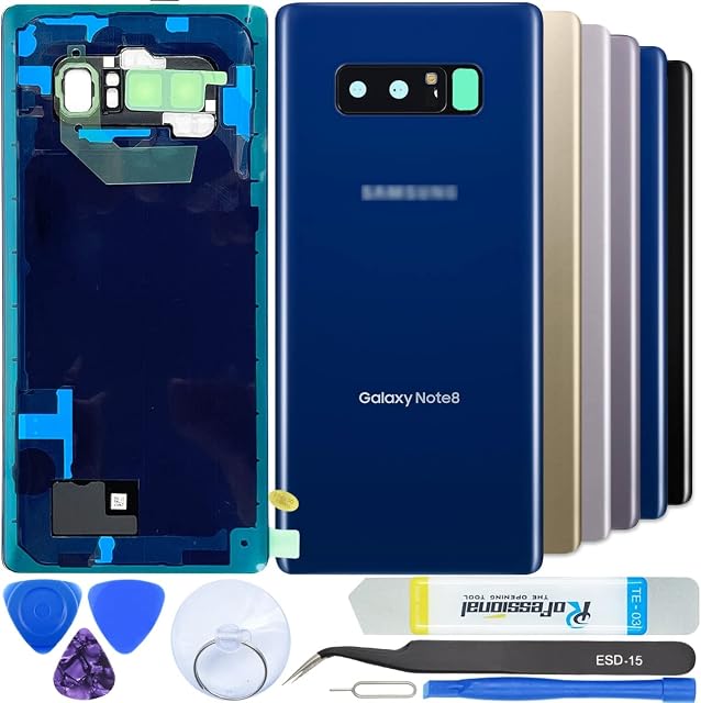 iStable Back Glass Cover Compatible for Samsung Galaxy Note 8 N950F Rear Replacement Kits Camera Glass + All Tools + Repair Guide -Blue