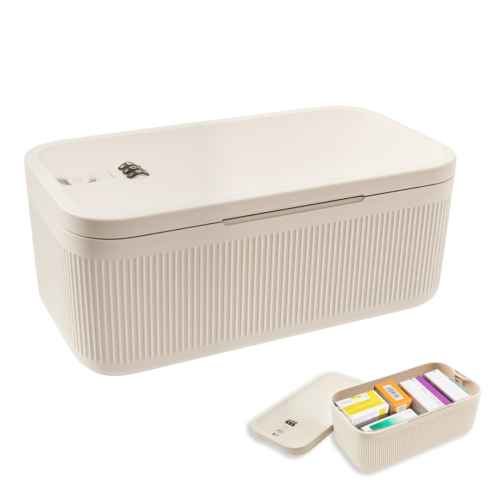 Qinglang Beige Lockable Box With Combination Code Portable Medication Small Lock Box Secure Medicine Safe, Phone Jail, Snack Box Food Safe Locking Boxs For Home, Fridge, Office, Or Travel