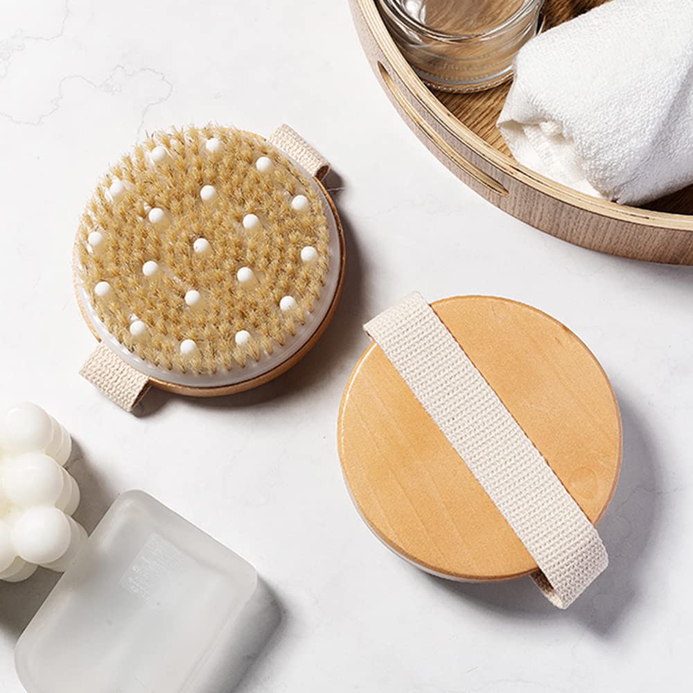 BoAn Juego de 2 cepillos de ducha – Cepillo de masaje de madera natural para piel seca, drenaje linfático y cuidado de la celulitis, cepillo corporal exfoliante y tratamiento de celulitis