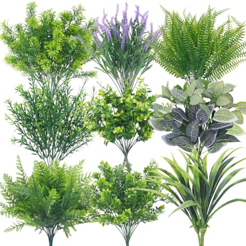 Image of 24 Bundles Artificial Greenery for Outdoor Fake Green Plant Eucalyptus Fern | Mixed Plastic UV Resistant Faux Greenery Stems for Outside Indoor Home Garden Window Box Front Porch Decoration