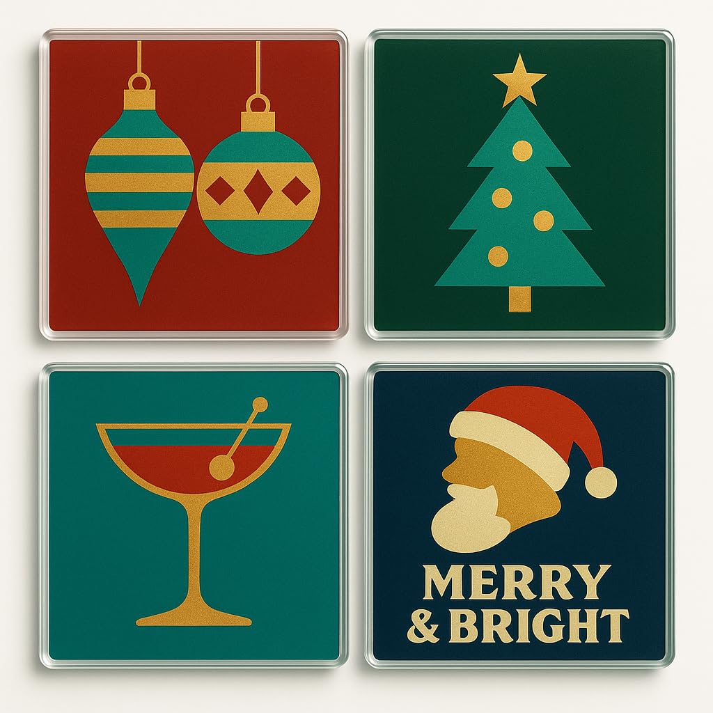 The Plum Penguin Nostalgic Cheer Acrylic Christmas Coaster Set Of 4 With Retro Christmas Designs - Holiday Home Decor