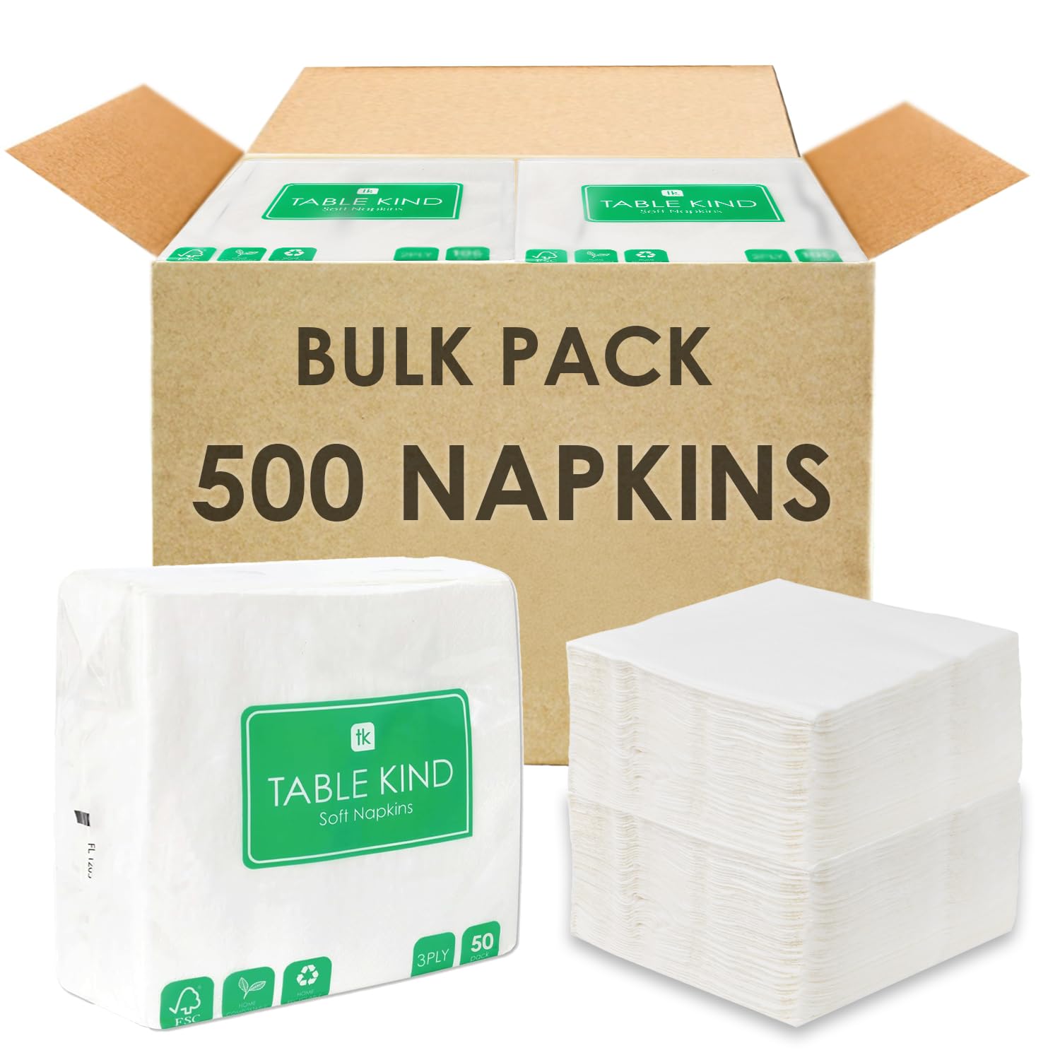 Table Kind 500 x Bulk Pack Soft White Napkins | 3 ply | 33cm Quality Serviettes for Parties, Catering & Everyday Use, Eco-Friendly Disposable Home Compostable FSC, Sustainable & Recyclable, Made in EU