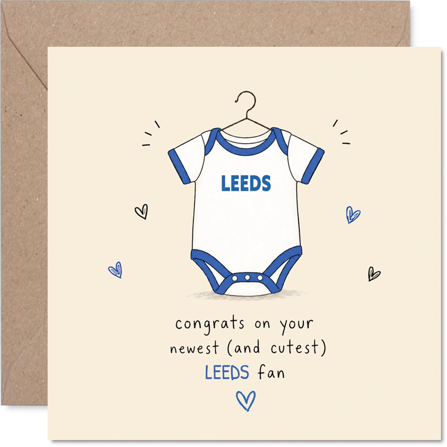 Playful New Baby Card for Leeds Fans - Welcome to the Squad - Adorable Baby Onesie and Hearts with a Leeds Twist - 145mm Square, Envelope Included