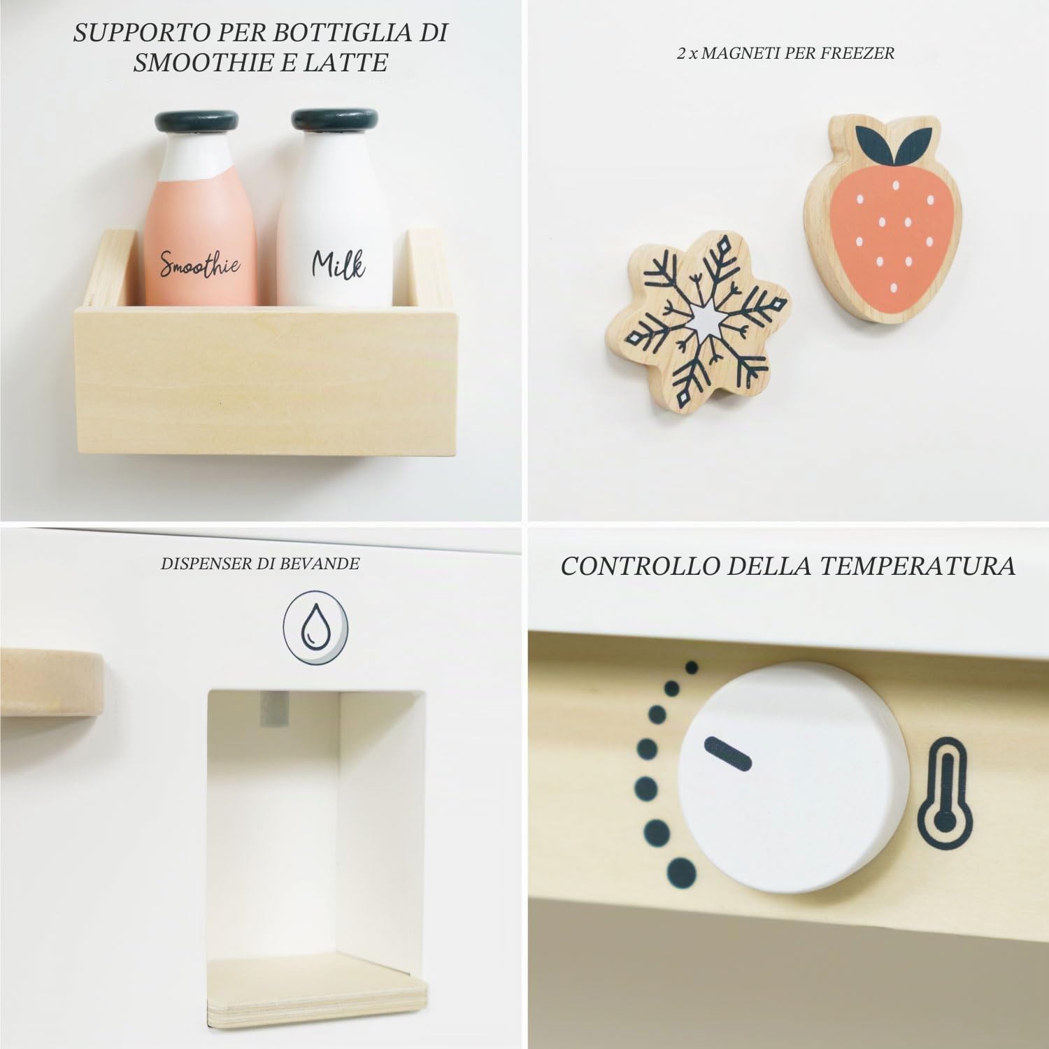 Le Toy Van - TV348 - Gioco educativo frigo giocattolo bambina, per bambini dai 3 anni, per cucina giocattolo in legno Montessori, accessori inclusi, freezer con sportello magnetico