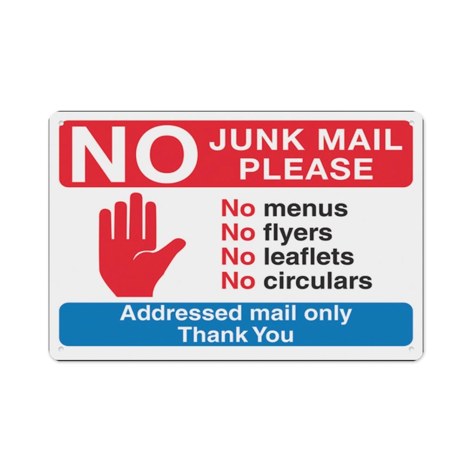 peiyeety Stop Hand Symbol No Junk Mail Please, No Menus, No Flyers Aluminum Tin Warning Signs For Home Outdoor Garden 8X12 Inches