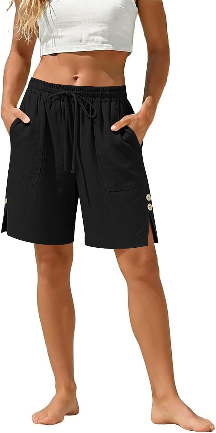 Cotton Linen Shorts for Women High Waisted Drawstring Bermuda Shorts Side Fork Summer Casual Short Pants with Pockets