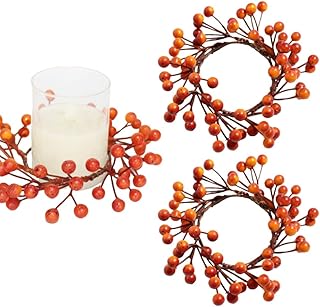 2 Pcs Fall Candle Rings with Artificial Orange Berries Mini Berry Twig Wreath Candle Wreath Berry Rings 4" Center Wide for Thanksgiving Fall Wedding Rustic Seasonal Decoration (Orange-2pc)