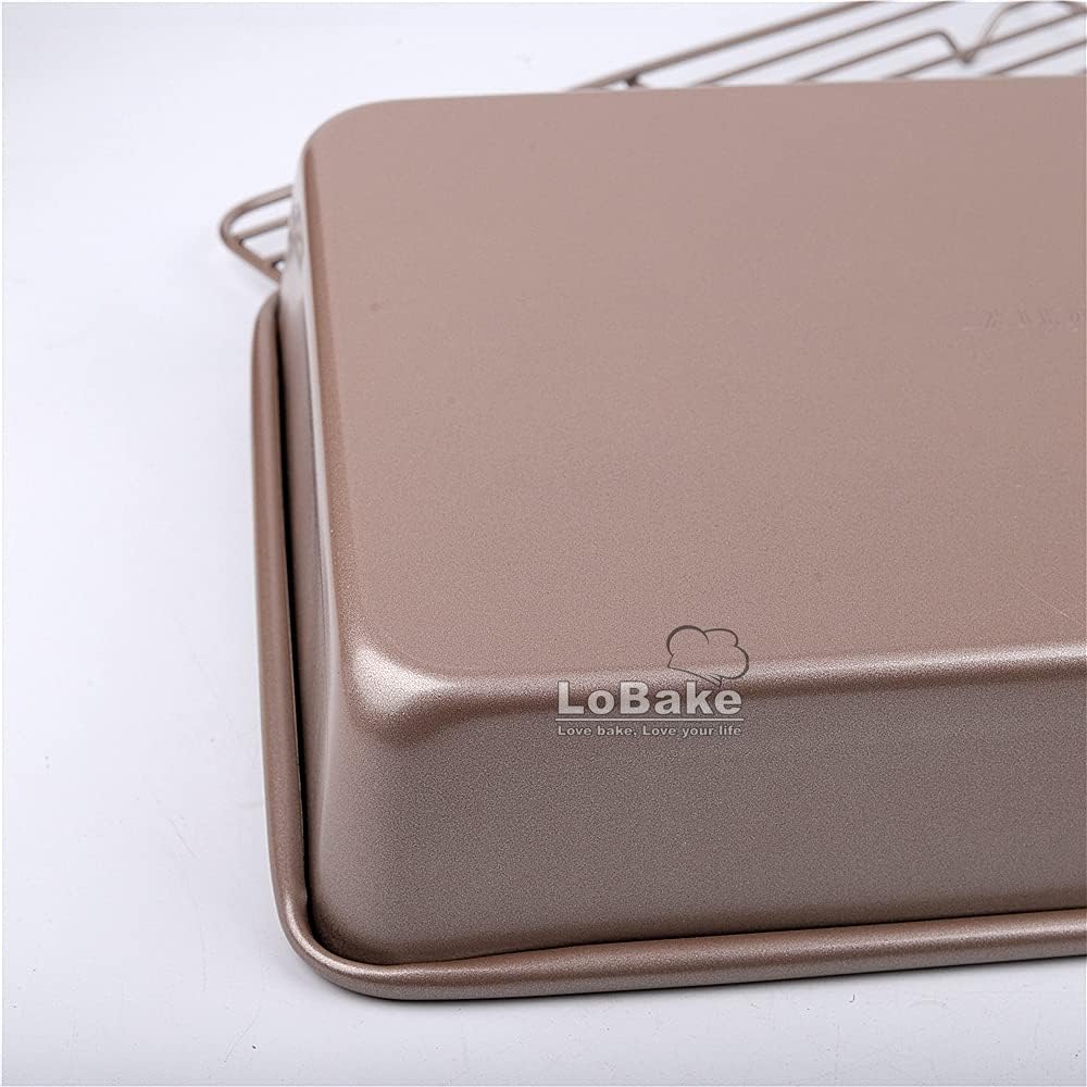 11 13 inches Deep Rectangle Heavy Thick Golden Nonstick Steel Baking Pan with Frame Net Holder Cookie Biscuit Tray for Oven (13 inches)