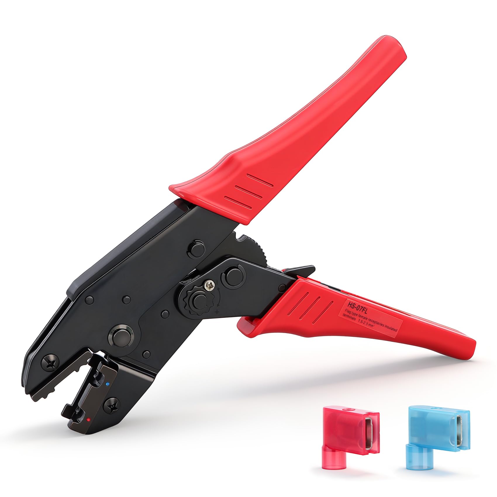 Baomain Ratchet Crimper Plier HS-07FL Flag Female Quick Disconnects Crimping Tools Use for 1.5-2.5 mm² (15-13 AWG) Red