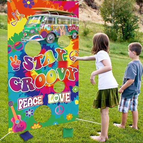Serencatcher Groovy Toss Game, Tie Dye Groovy Decorations Include Hippie Bus Stay Groovy Peace Love Backdrop with Bean Bags for Hippie Bus Photo Prop Retro Hippie Boho 60's 70's Party