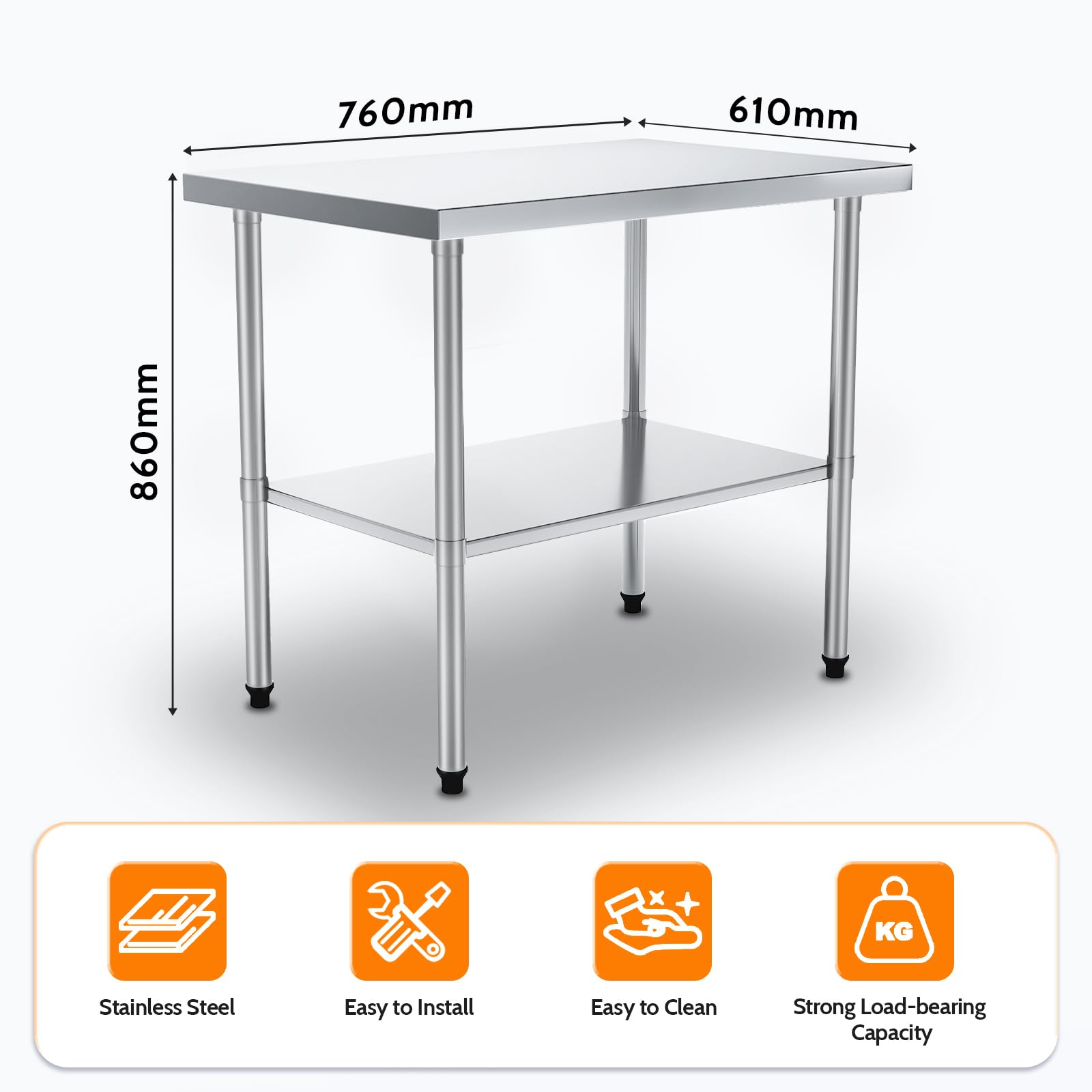 TAIMIKO Mesa de trabajo de acero inoxidable, mesa de preparación de alimentos comercial resistente con estante inferior ajustable, carga hasta 300 kg, trabajo comercial, playa, restaurante, cocina