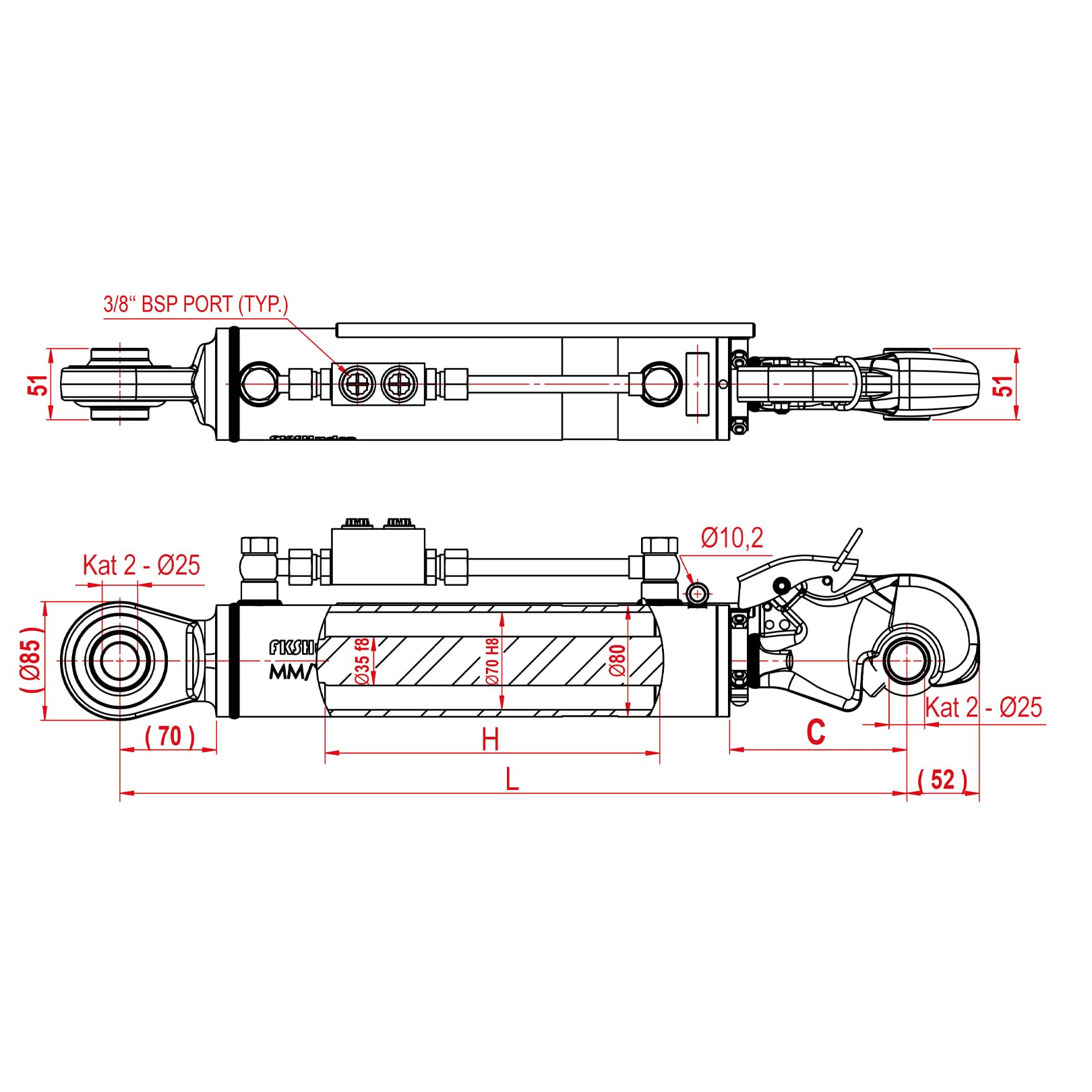 Hydraulischer Oberlenker Kat 2/2 mit Fanghaken/Anschweißende Einbaulänge 564mm 240mm Hub