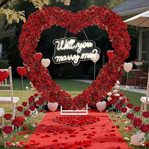 Kittmip Proposal Decorations Kit Will You Marry Me LED Neon Light Metal Heart Stand Carpet 2000 Rose Petals 30 Artificial Roses for Proposal Engagement (Rose on The Stand Not Include)(Red)