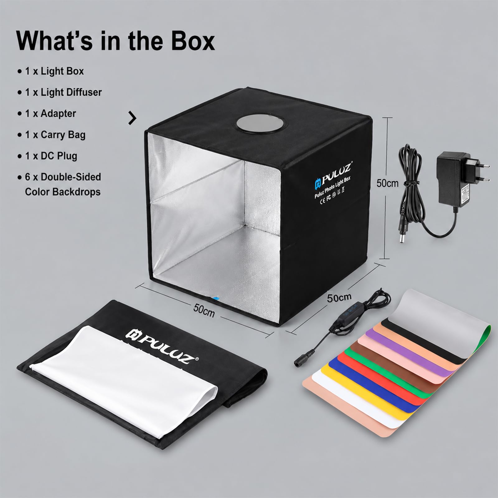 PULUZ Light Box Fotografia, 50,8 x 50,8 cm, scatola luminosa portatile per studio fotografico, dimmerabile, ricarica rapida, USB-C Photo Booth con 160 luci LED e 12 sfondi colorati per fotografia di