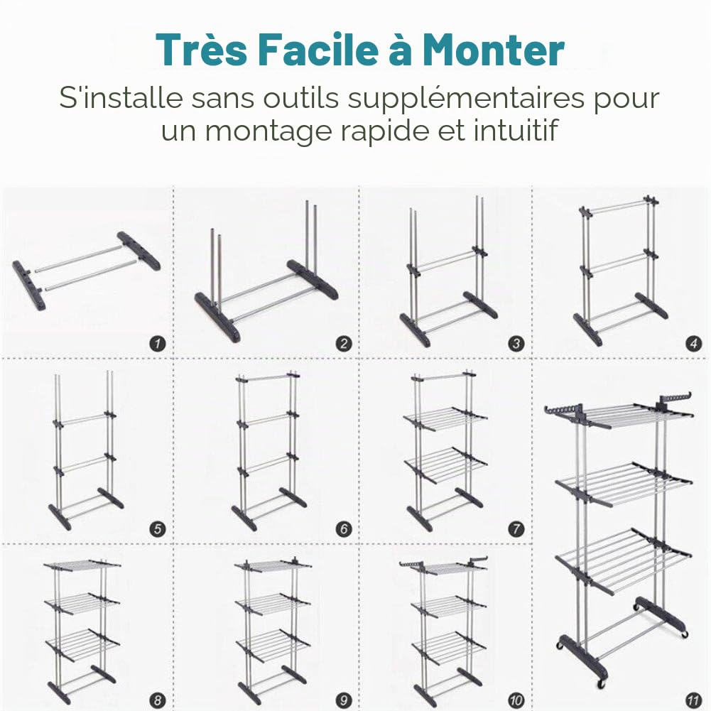 BAKAJI Étendoir à Linge à Tour en Acier et ABS de Grande capacité, modulable, Pliable, économe en Espace, Pliable, Extensible à Linge Antichoc (Bleu et Blanc)