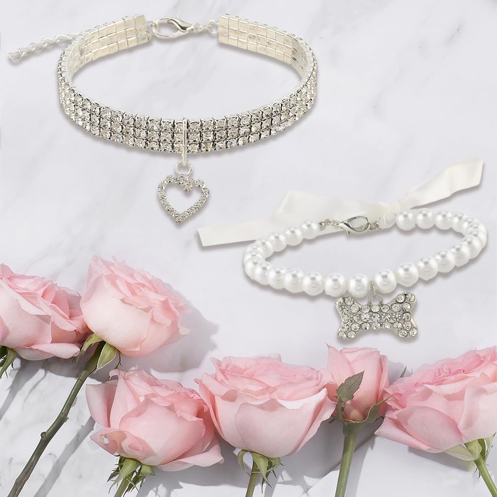 CREATCABIN 2 pz 2 Stili Collana per CaniStrass Bling Collana per Animali Domestici Regolabile Fiocco Bianco Perle Finte Fiocco Cani Osso Cuore Ciondolo Collari per Gatti Cucciolo Festa 28cm; 25.8cm