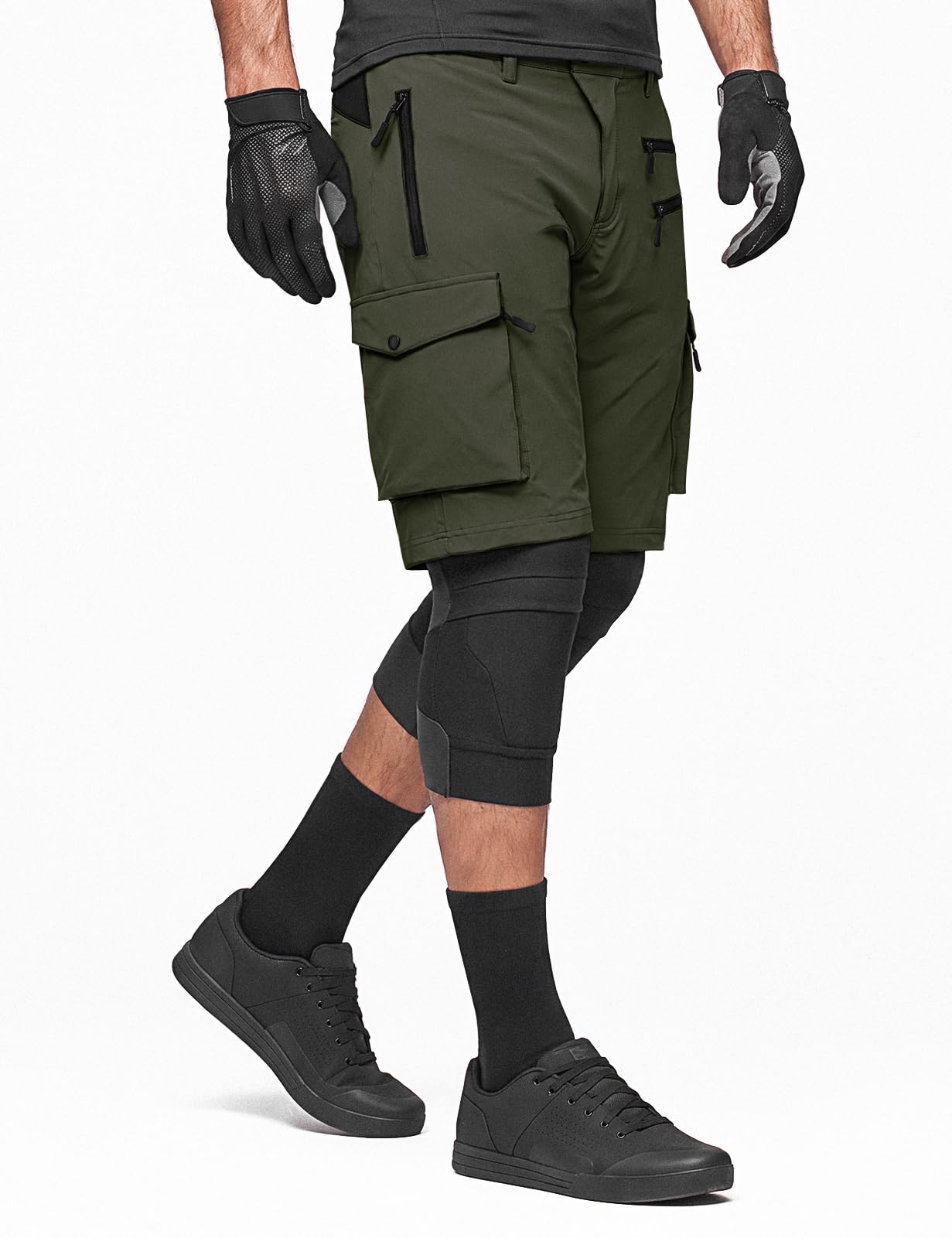Hiauspor Pantalones Cortos de Ciclismo de montaña para Hombre, de Secado rápido, con Bolsillos con Cremallera MTB Trekking (Multi-Verde, L)
