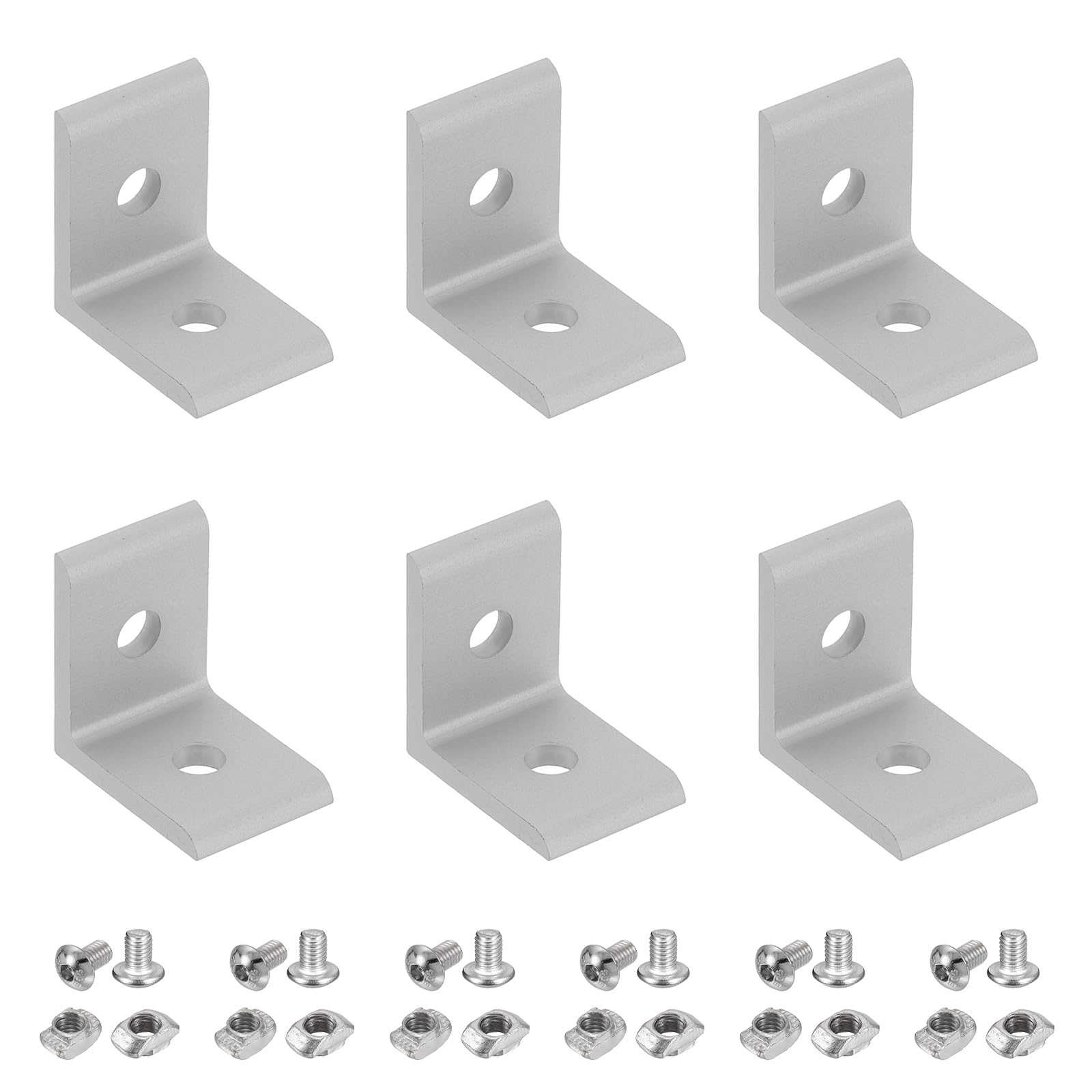 sourcing map 6Pcs 2 Hole Inside Corner Bracket, L Bracket Connector for 2020B Aluminum Extrusion Profile 6.2mm T-Slot with Nuts Screws for Furniture, Framing Structures, Silver