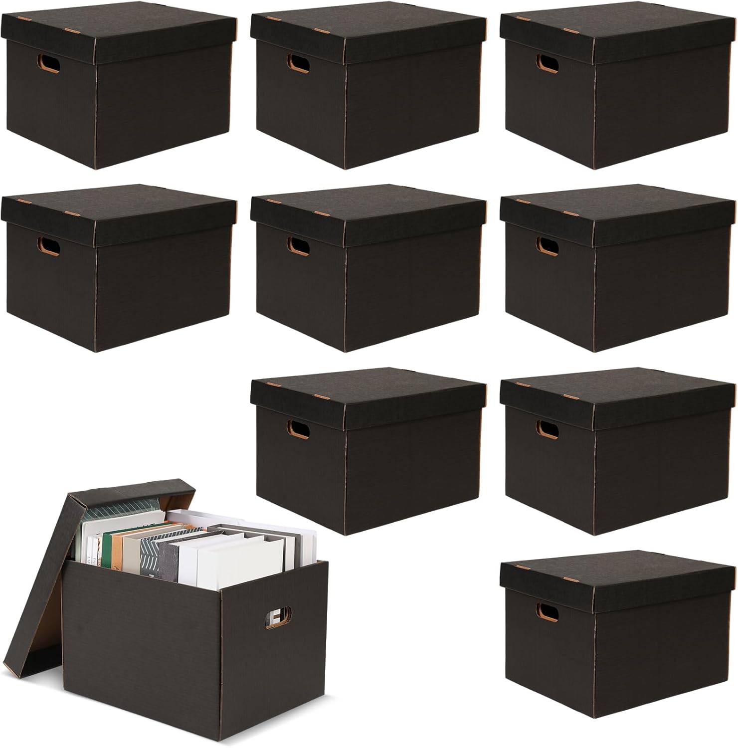 10 Pcs Archival Storage Cartons Bulk, 15 x 12 x 10 Inch Acid Free Buffered Corrugated Board Ready-To-Assemble Photo Storage Box for Storing Documents Magazines Photos Cards(Black)
