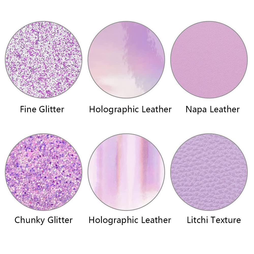 Juego de 6 piezas de 21 cm x 30 cm paquete A4 de hojas de cuero mixtas de color morado claro serie fina y gruesa con purpurina tela holográfica de piel sintética para hacer aretes de lazo manualidades