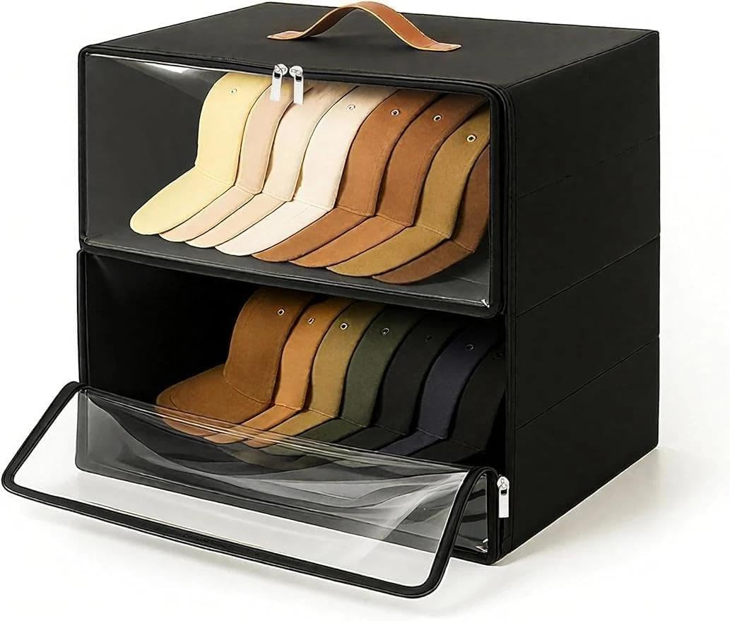 for 2 Pack Front-Opening Hat Organizer for Baseball Caps Stackable Storage Box
