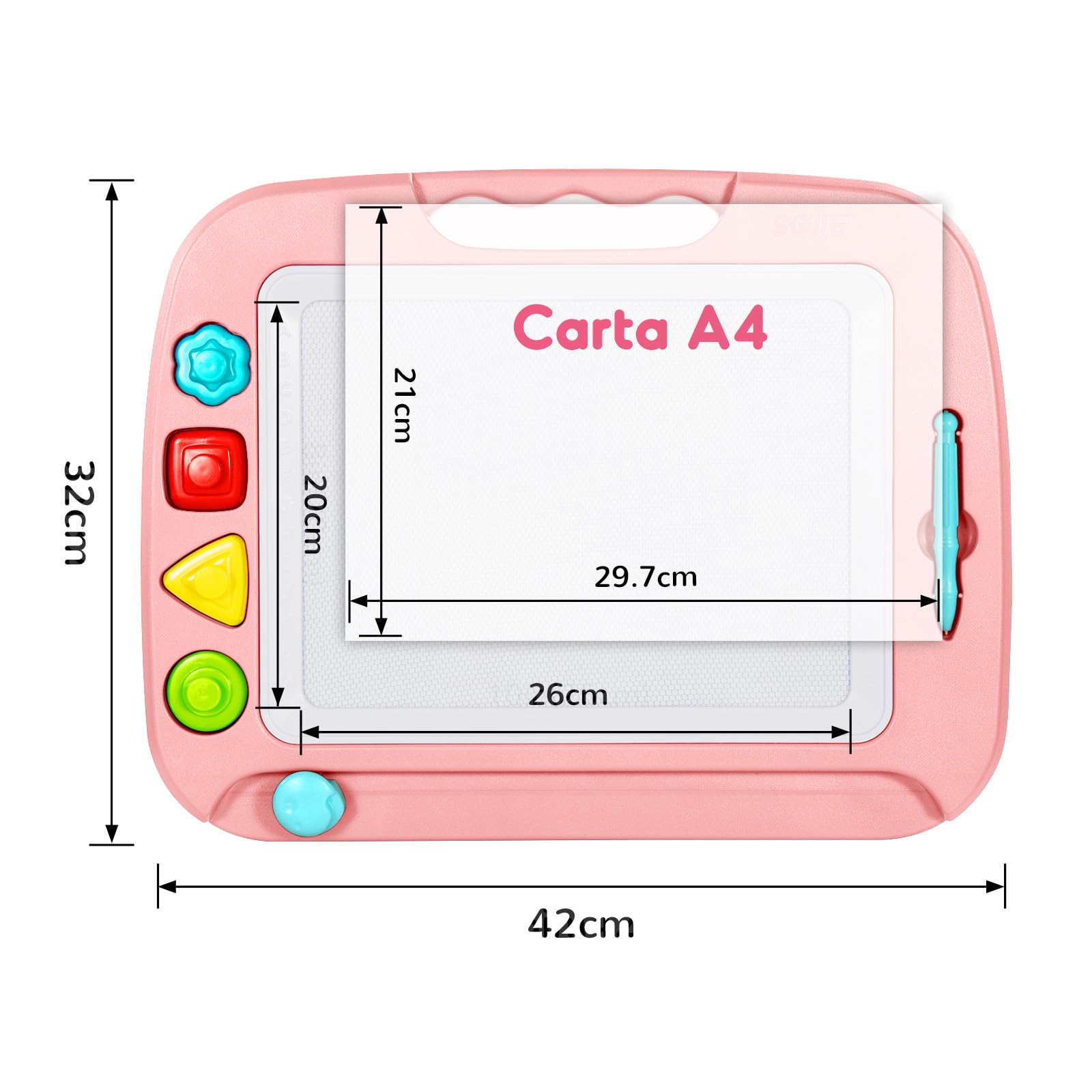 SGILE Grande Tavolo da Disegno Magnetico - Blocco per Scarabocchi in 4 Colori 42×33 cm con 4 Timbri per Bambini, Tavolo da Disegno Incisione Regalo per Bambini di 36 Mesi e Ragazze, Rosa chiaro