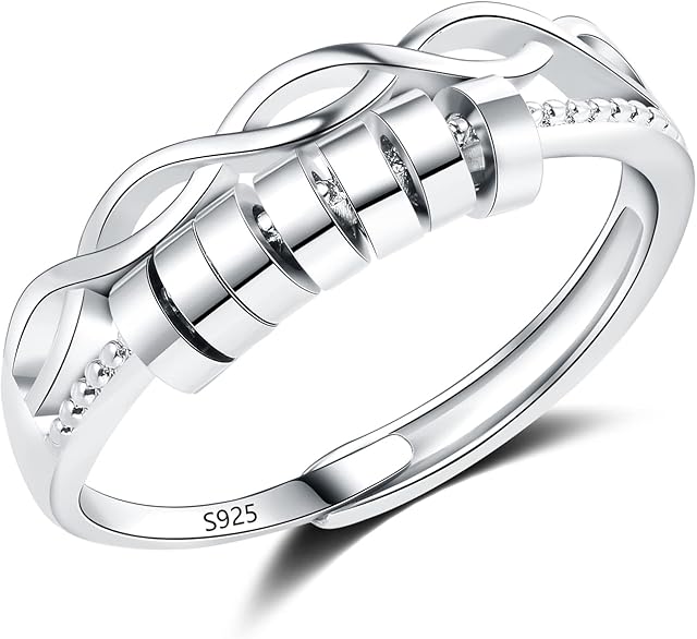 Cangall Silver Anxiety Rings, 925 Sterling Silver Anxiety Fidget Ring, Adjustable Open Anti Anxiety Rings with Beads Spinner Ring, Unisex Silver Fidget Ring for Stress Depression Relief