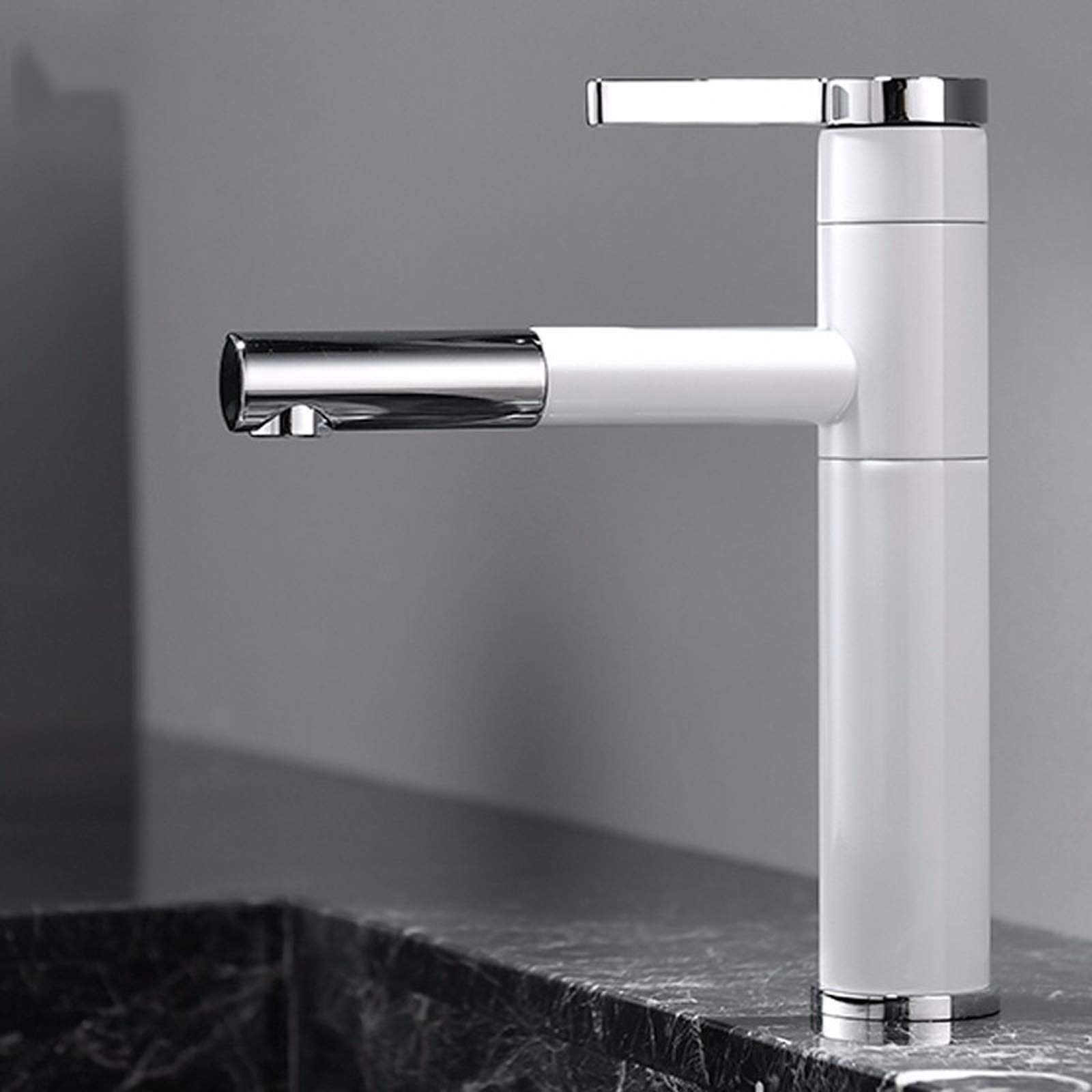 Robinet de lavabo de salle de bain blanc mitigeur en laiton pivotant avec douche extractible