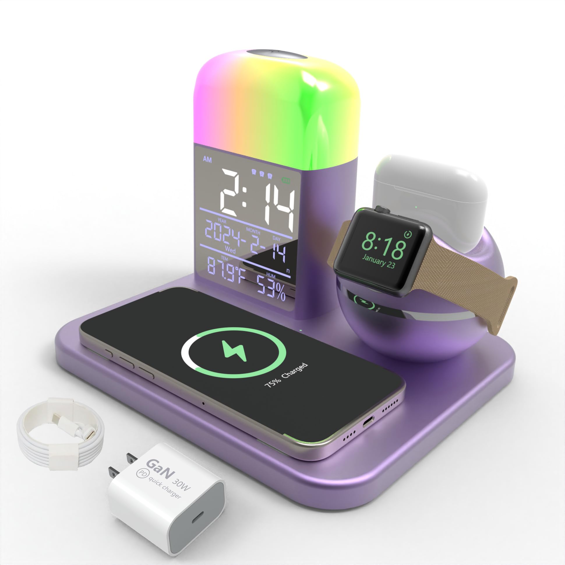Wireless Charger 3 in 1,Wireless Charging Station for iPhone15/14/13/12/11/X/iWatch SE/8/7/6/5/4 for AirPods 3/2/1/Pro,Night Light with Digital Alarm Clock (Purple/Silver)