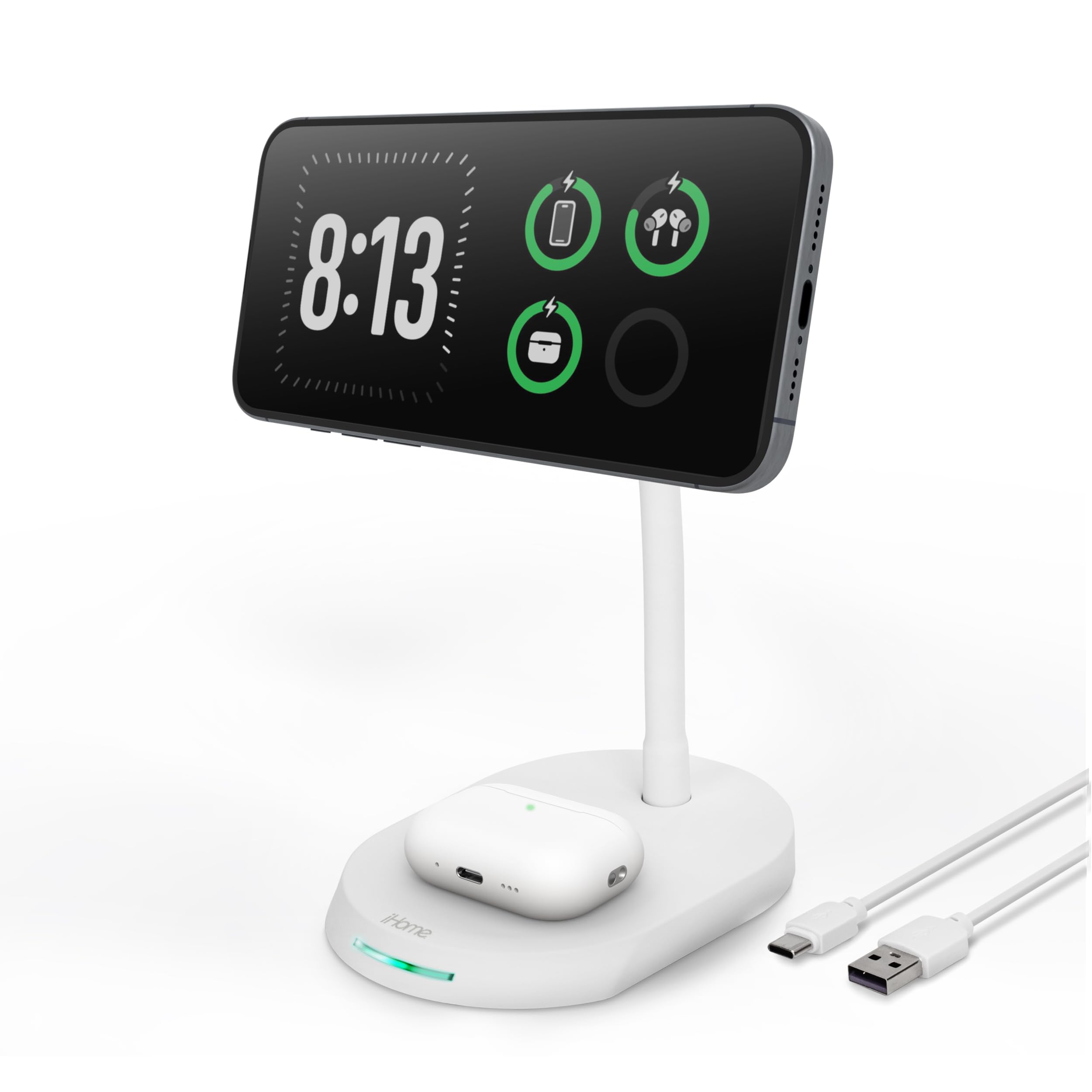 iHome Magnetic Charging Stand, 15W Wireless Charger for iPhone, Apple Watch & AirPods (2-in-1)