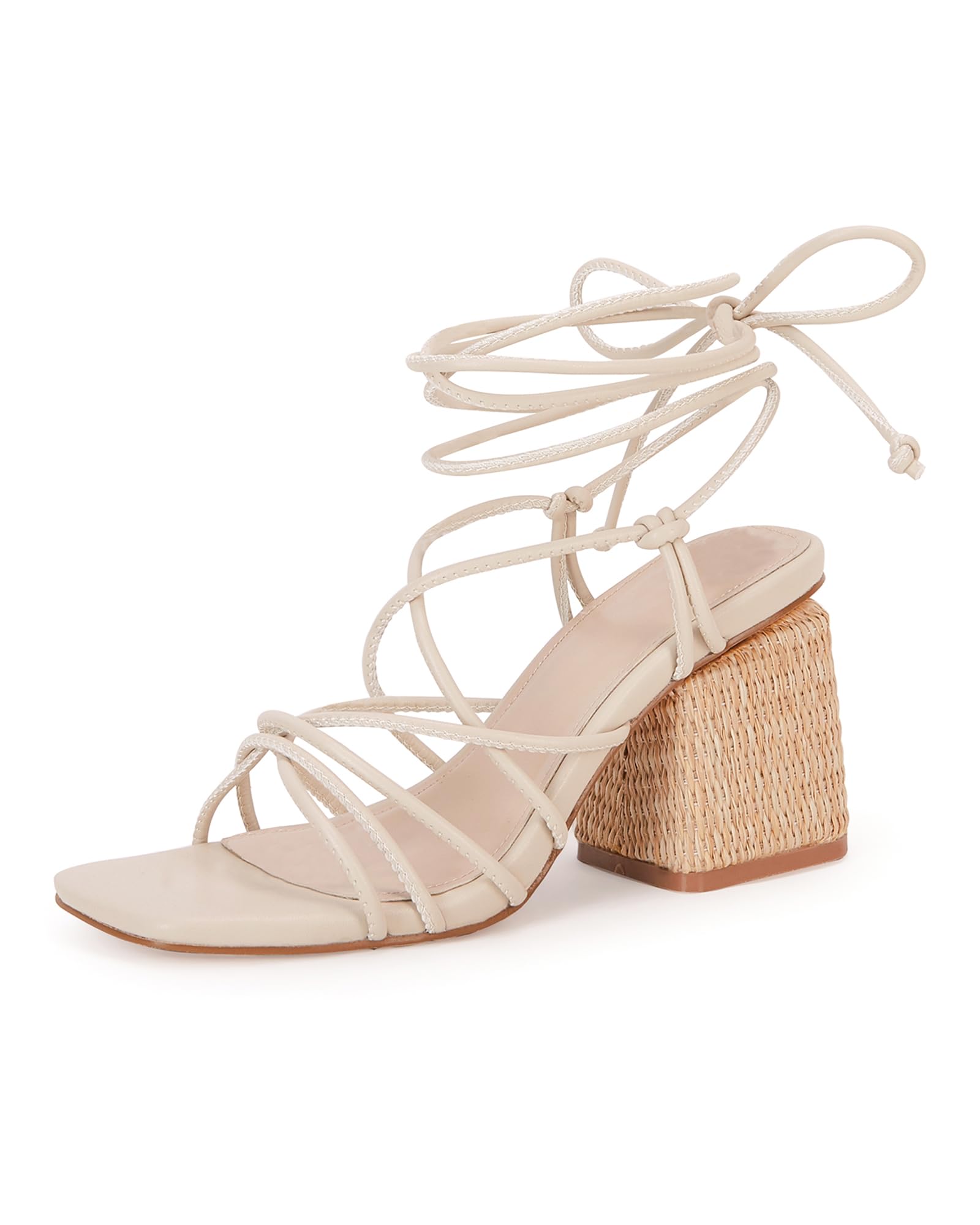 PiePieBuy Women's Lace Up Chunky Braided Heel Sandals Square Toe Strappy Ankle Strap Heels
