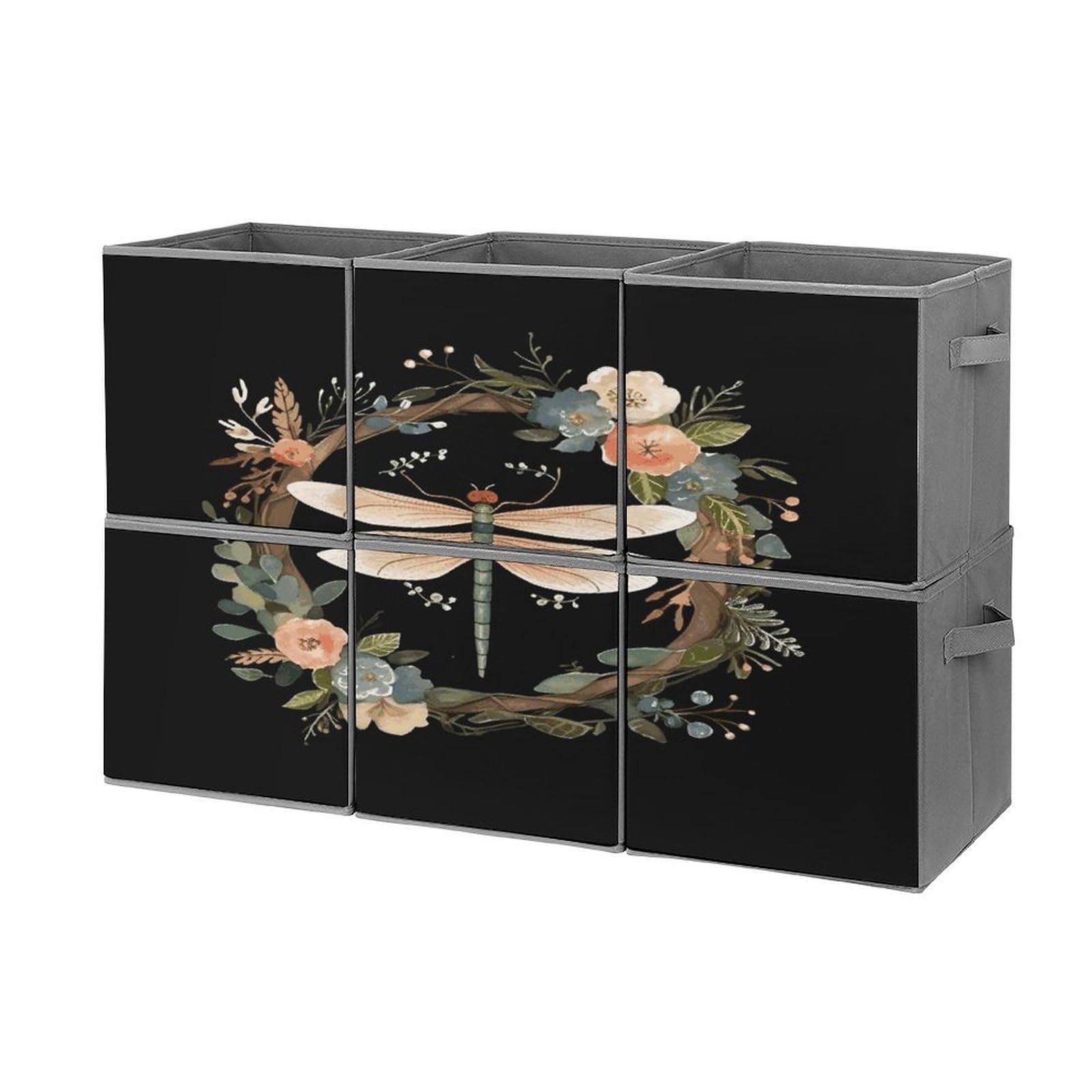 Btcowzrv Style Image Of Dragonfly In Wreath Storage Cubes, 6 Pack Oxford Fabric Foldable Collapsible Bins With Handles, Cubby Storage Baskets Boxes For Closet Shelves Office Organization