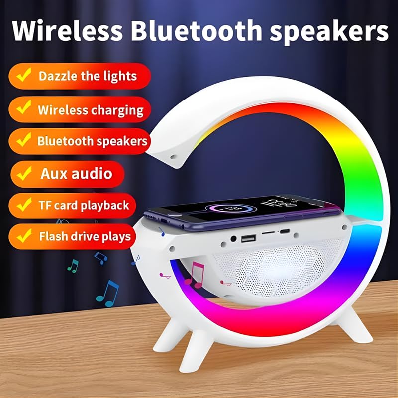 Image of Elevea 𝟏𝟓 𝐘𝐞𝐚𝐫𝐬 𝐆𝐮𝐚𝐫𝐚𝐧𝐭𝐞𝐞 wireless Bluetooth speaker with RGB lighting, USB SD playback, wireless phone charging dock, compact G-shaped design, perfect music charging combo for bedroom